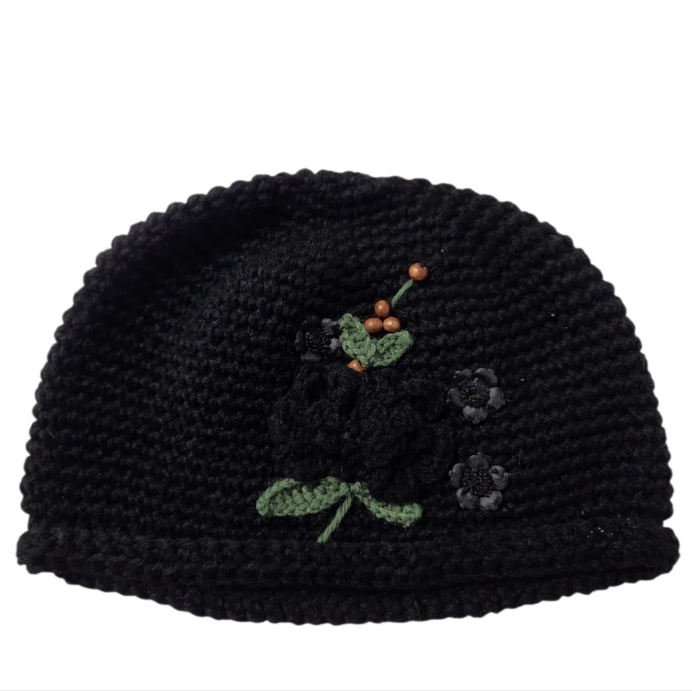TWO Knit Beanies with Floral Bead Design Like New!